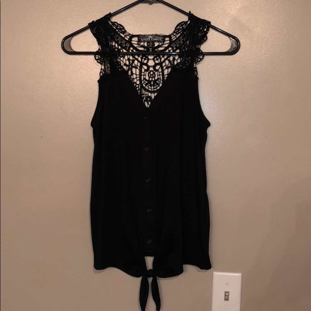 Button down tie front lace back tank top